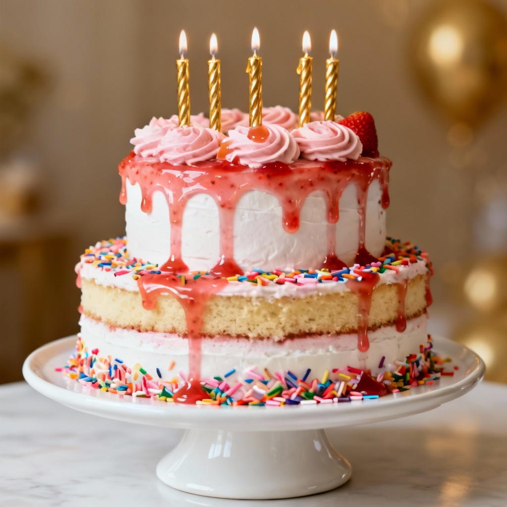 AI generated strawberry drip birthday cake on stand with candles