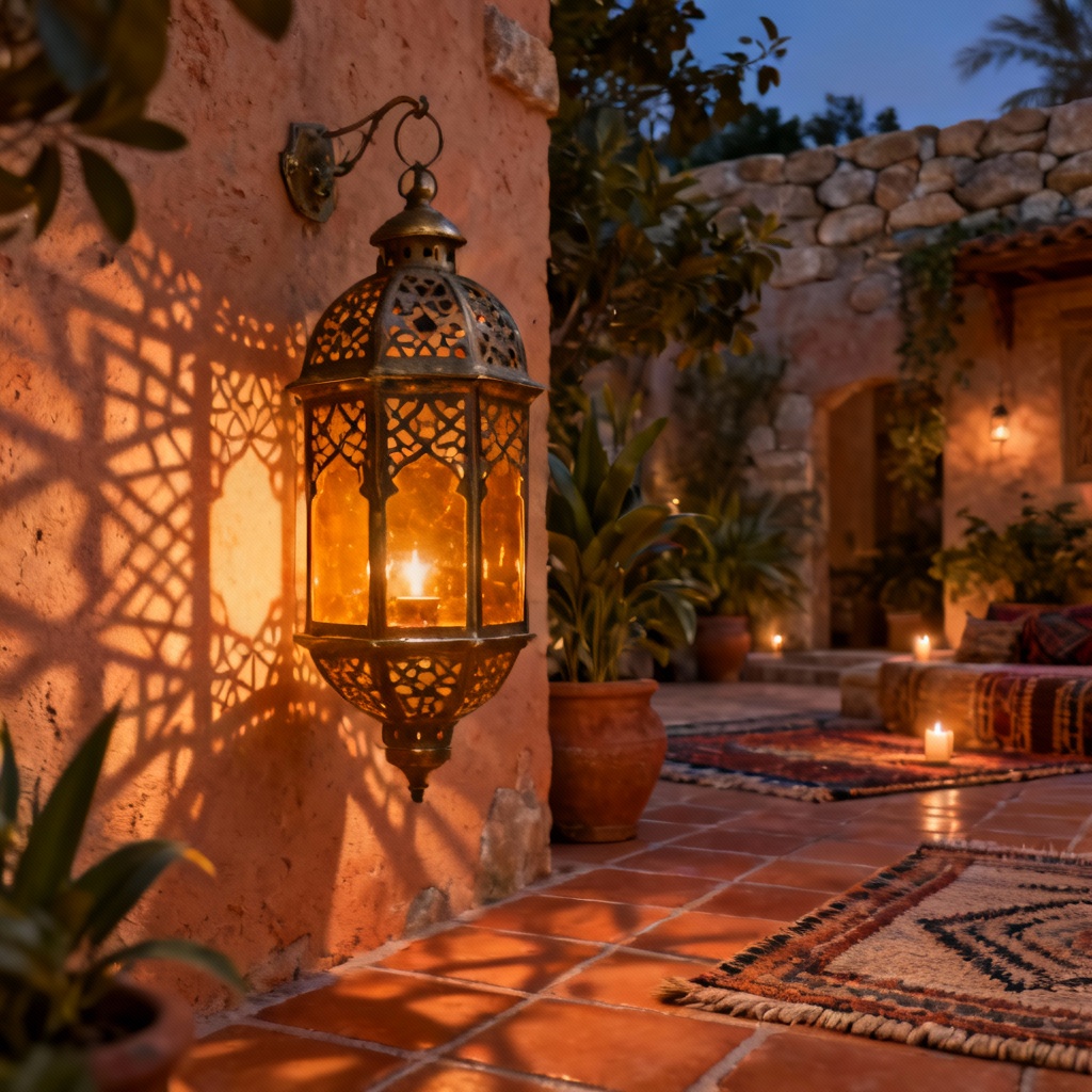 Moroccan lantern with filigree patterns casting shadows