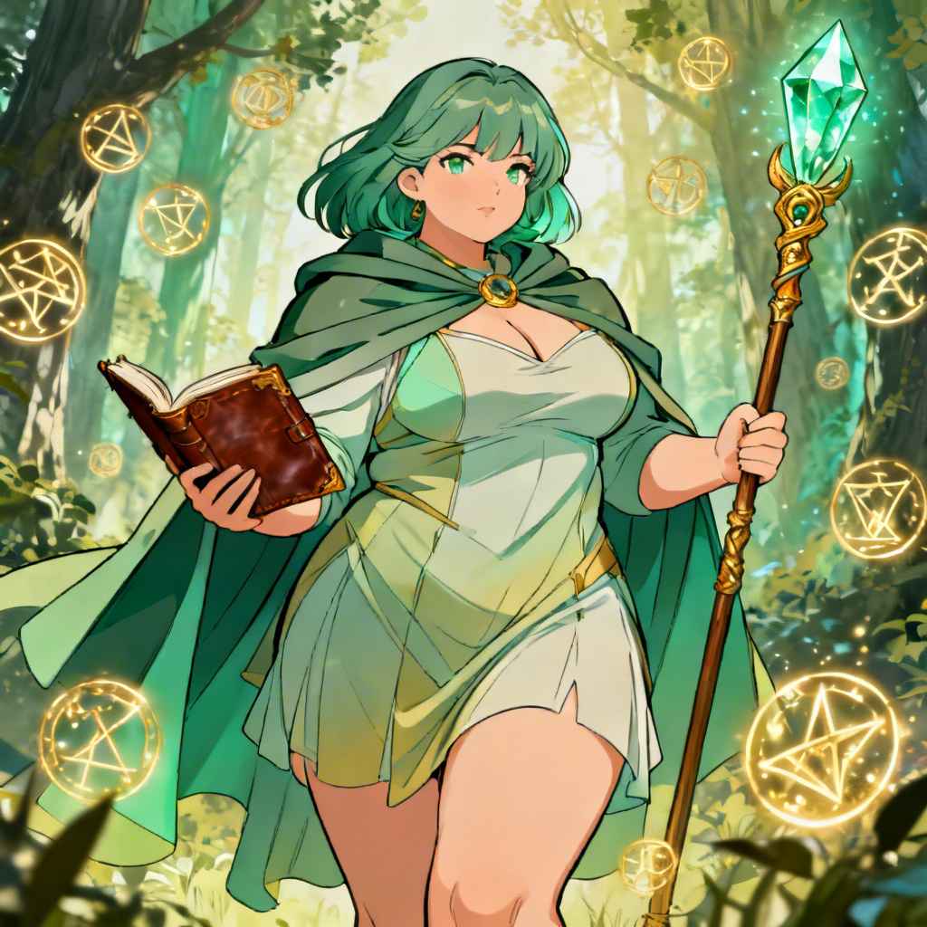 Adult plus size anime heroine as a mage adventurer in a forest