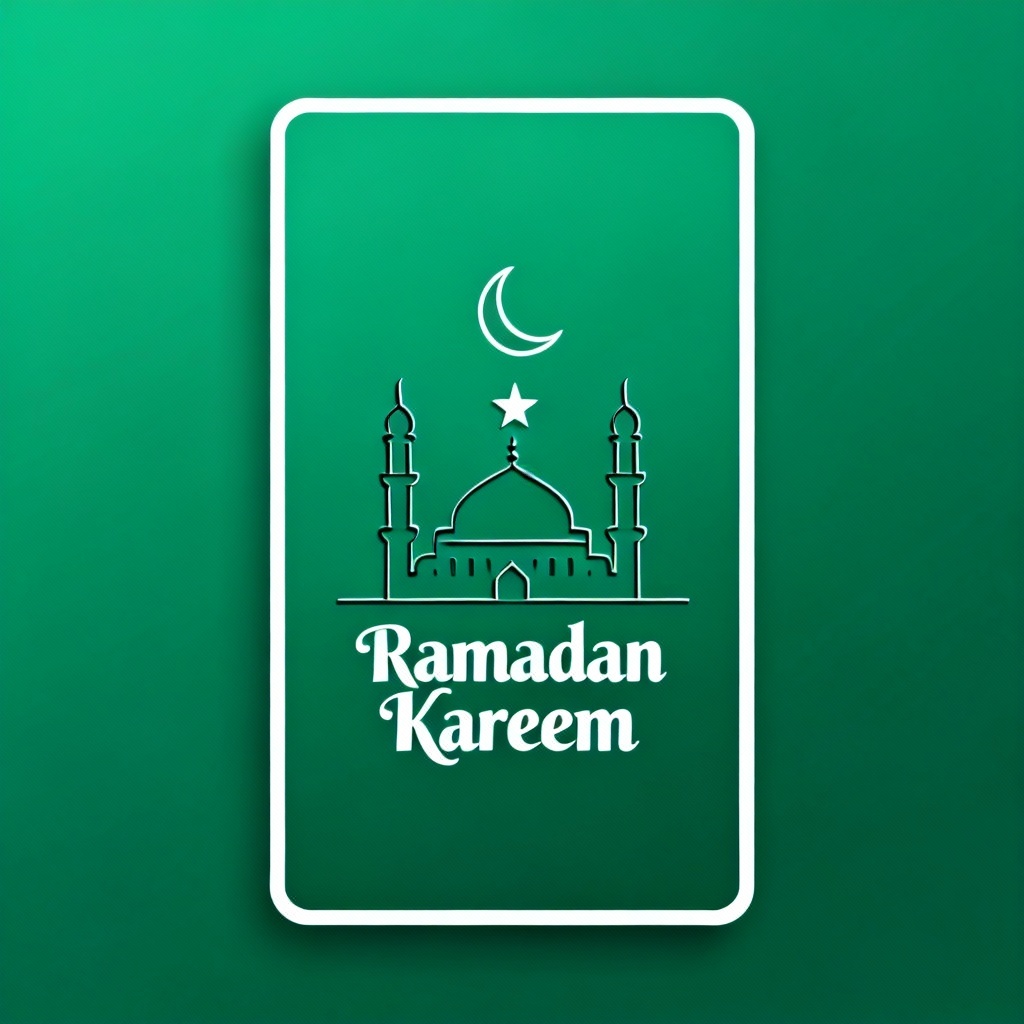 Minimalist Ramadan card with mosque silhouette on green background