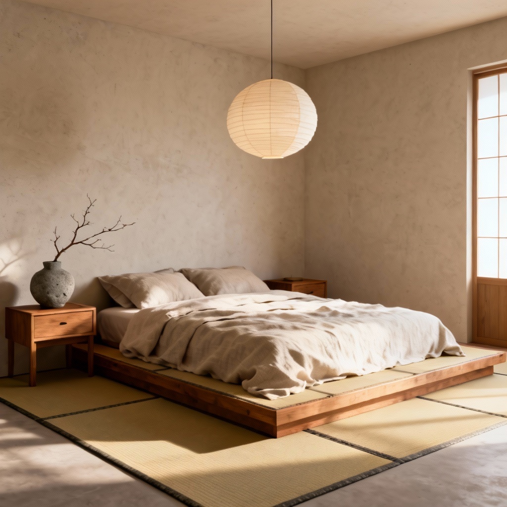 AI Japandi bedroom with soft morning light