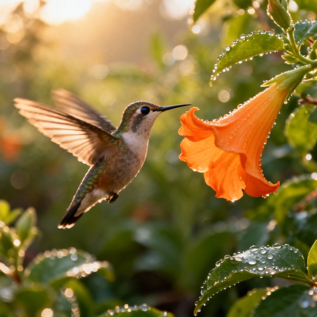 Photoreal hummingbird feeding at orange flower