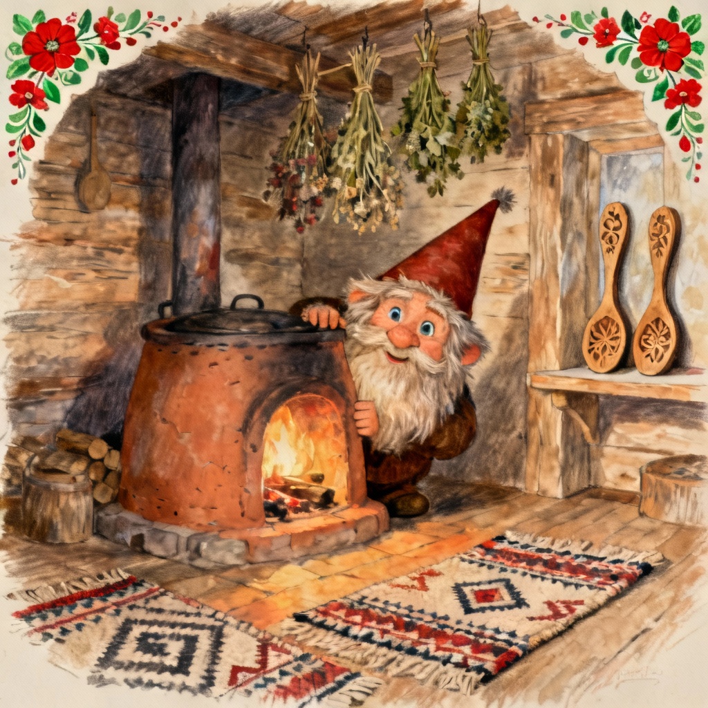 AI Domovoi spirit near a cozy hearth inside a wooden izba