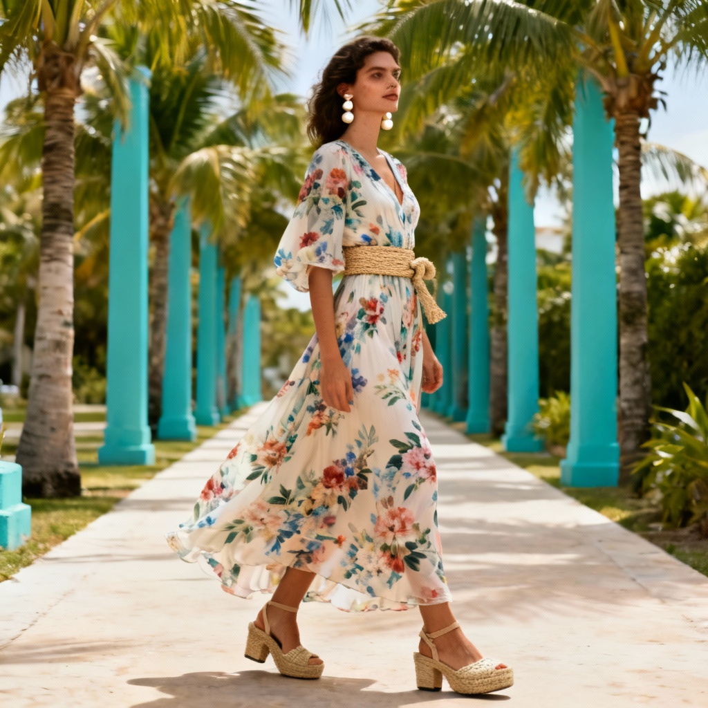 AI resort wear vacation outfit with flowy maxi dress