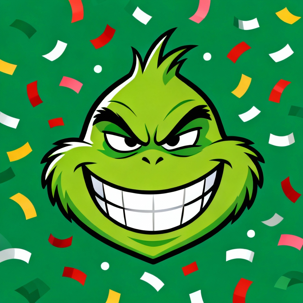 Cartoon Grinch face with bold lines and bright colors