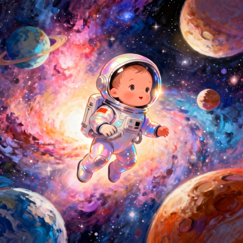 AI baby astronaut illustration floating in space