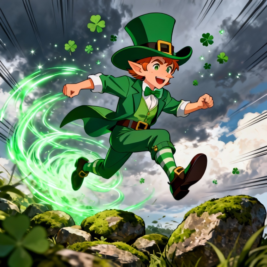 Anime-style AI leprechaun in dynamic action pose