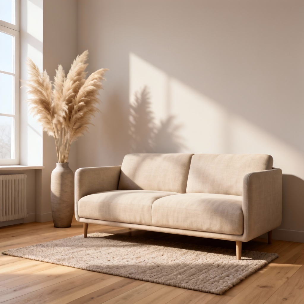 AI Scandinavian living room with soft light and natural textures