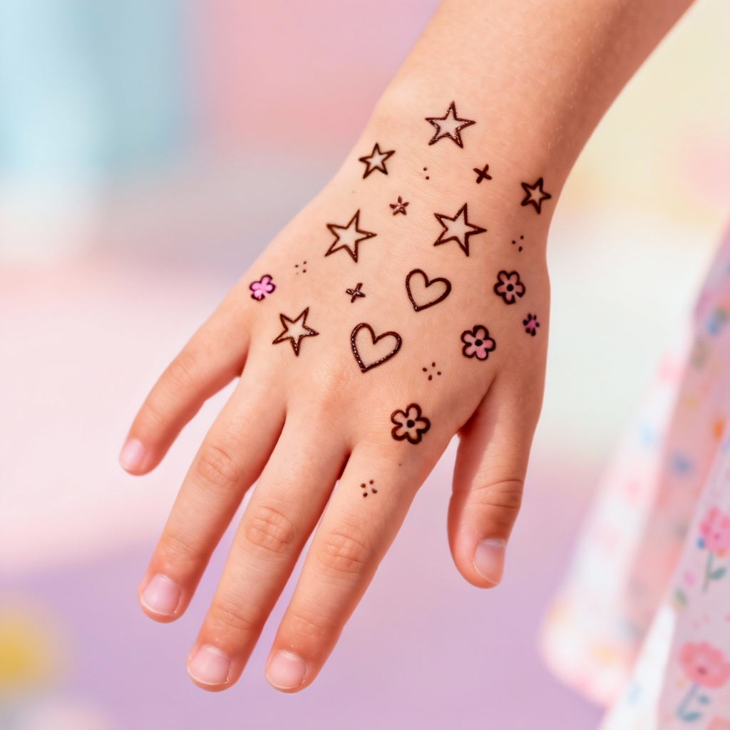 Simple festival mehndi for kids with stars and hearts