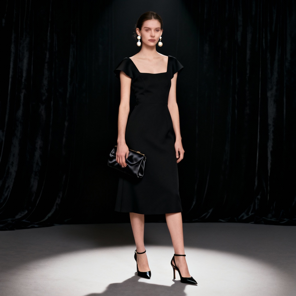 AI little black dress cocktail outfit with pearls