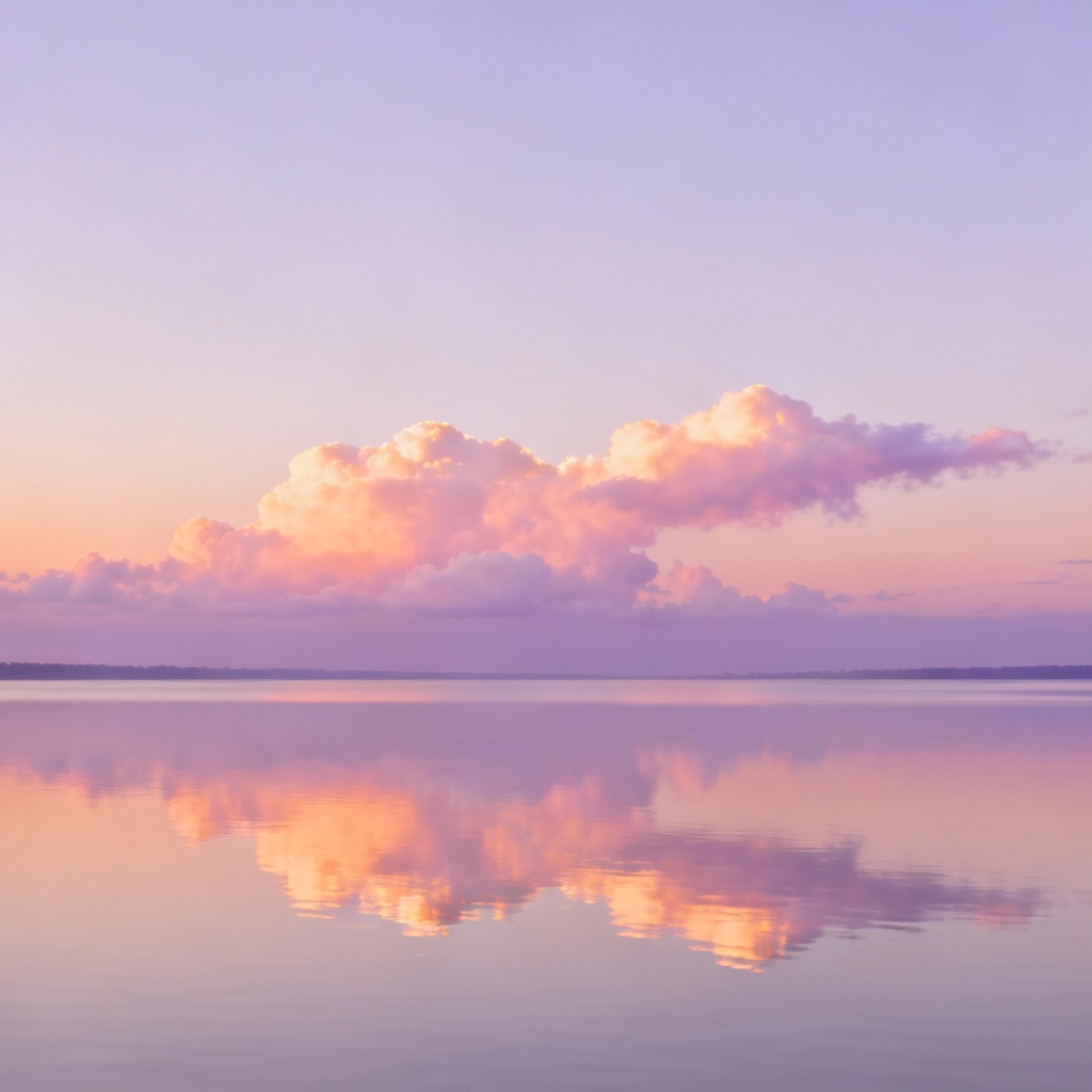 Pastel cotton candy sunset clouds reflected in a calm lake