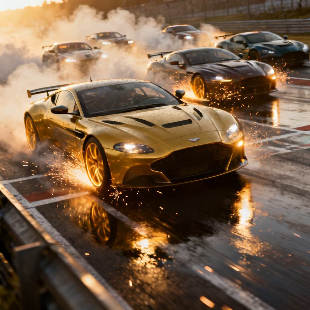 AI car racing generator start grid moment with tire smoke and motion blur