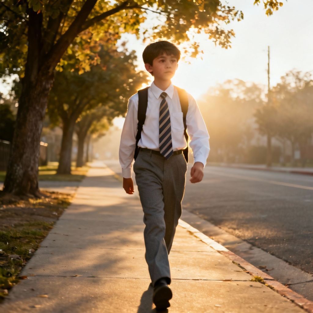 Realistic schoolboy with backpack on morning walk