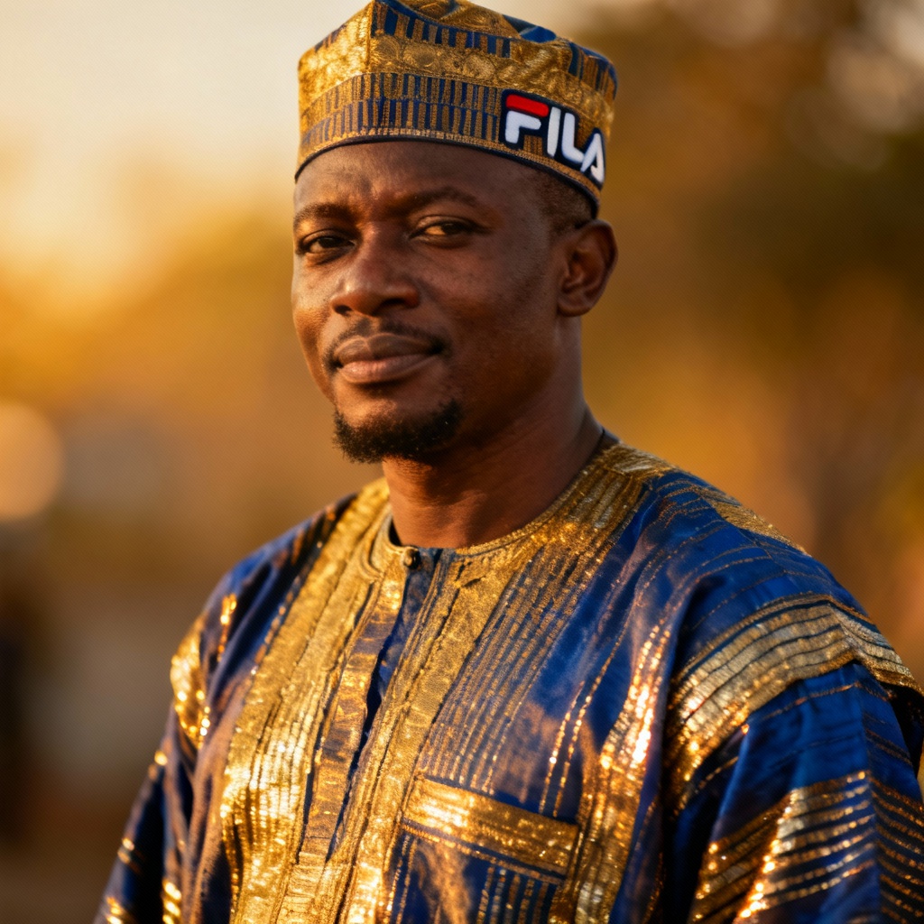 AI portrait wearing Nigerian agbada at golden hour