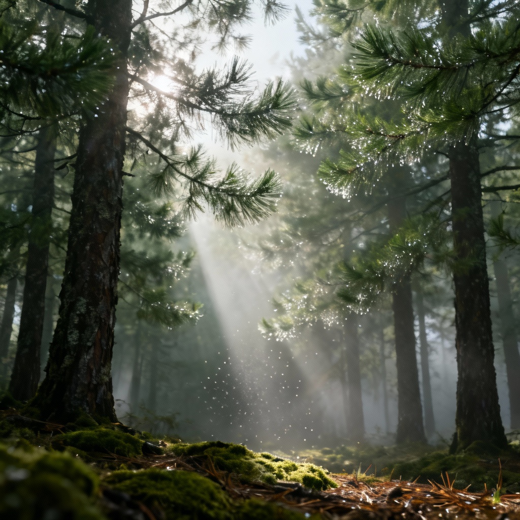 AI forest god rays with mist and soft sunlight