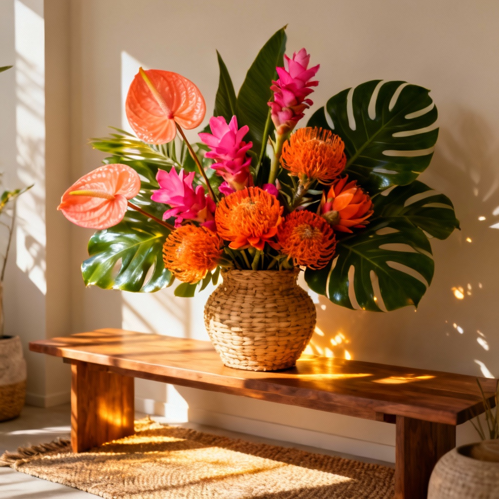 AI tropical floral arrangement with anthurium and monstera