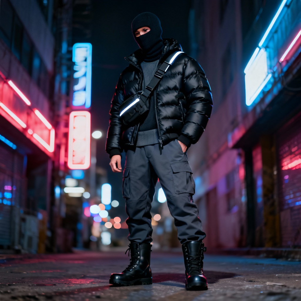 AI techwear winter street outfit with puffer jacket and cargo pants