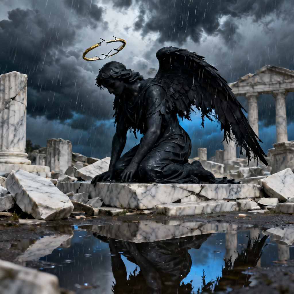 AI fallen black angel kneeling on ruins in the rain