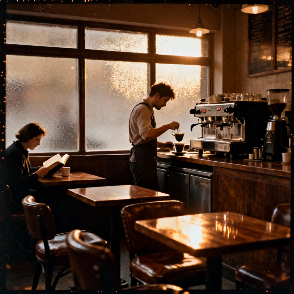 Film grain coffee shop mood aesthetic