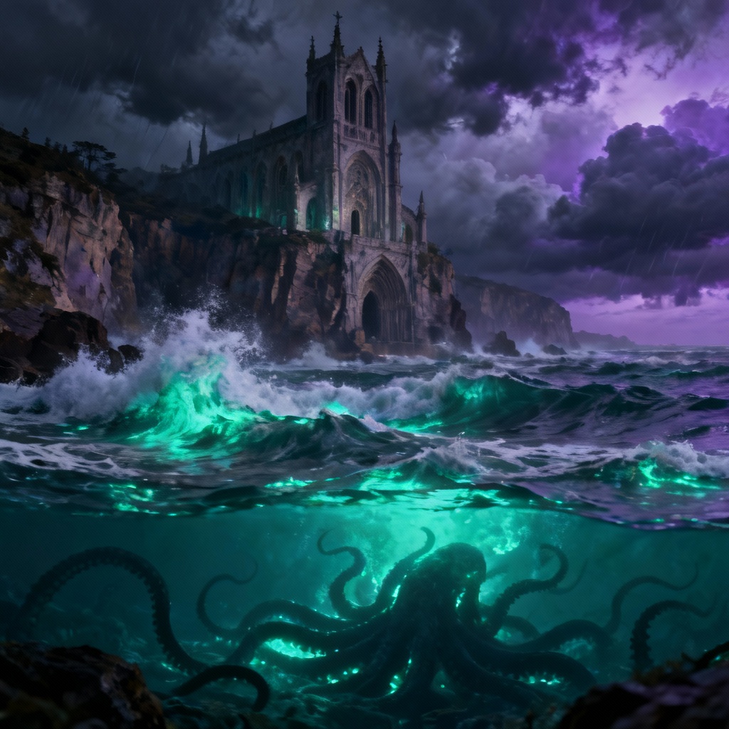 AI eldritch sea cathedral under storm with glowing waves
