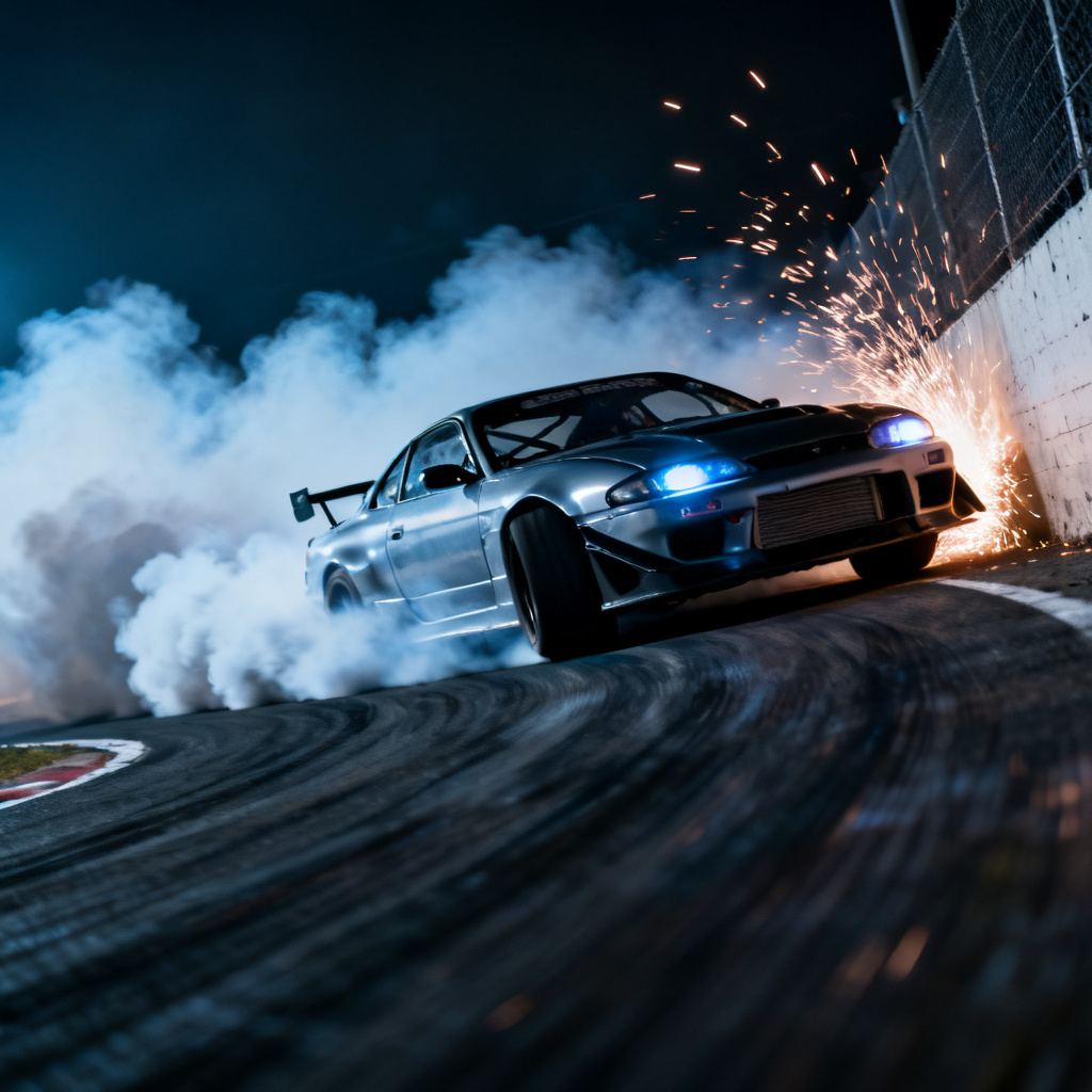 AI drift racing image with smoke and sparks