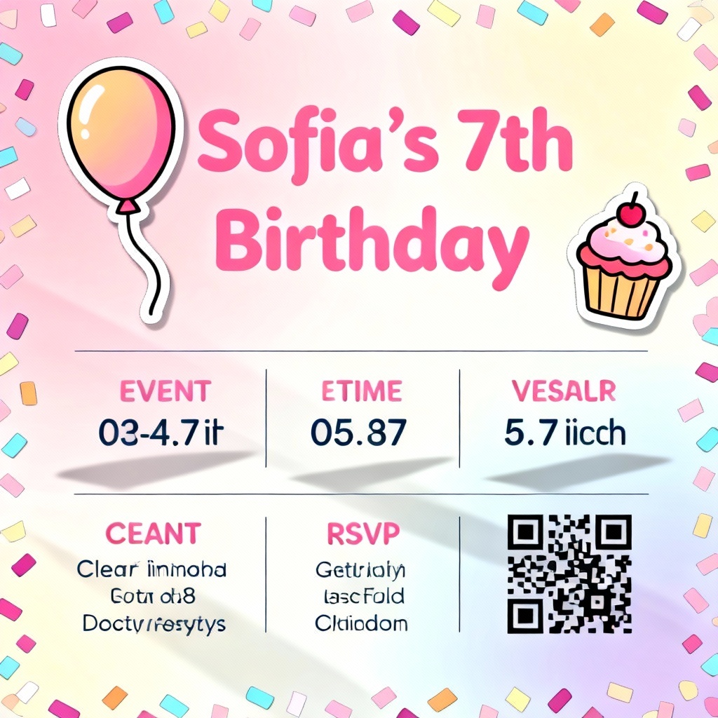 Pastel confetti AI birthday invitation with playful typography and QR RSVP