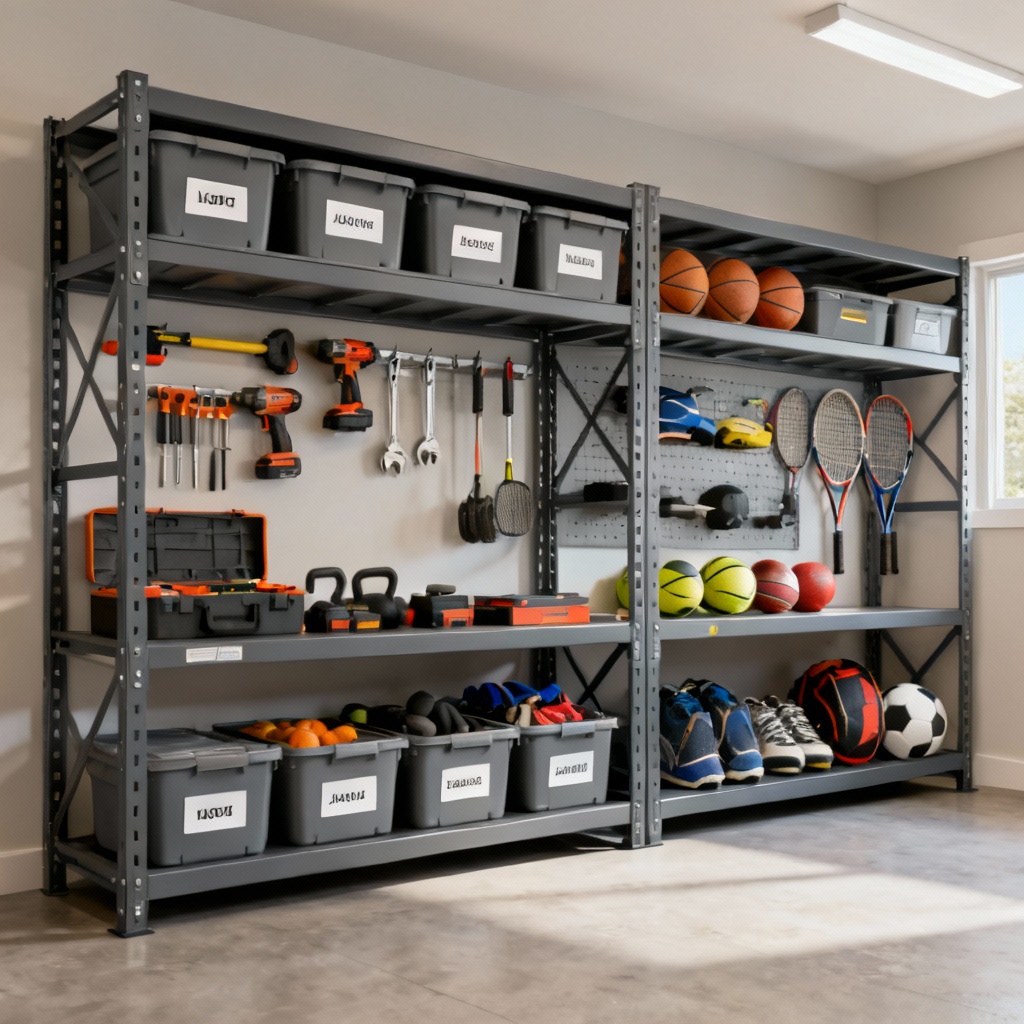 AI garage heavy-duty metal shelving with storage bins