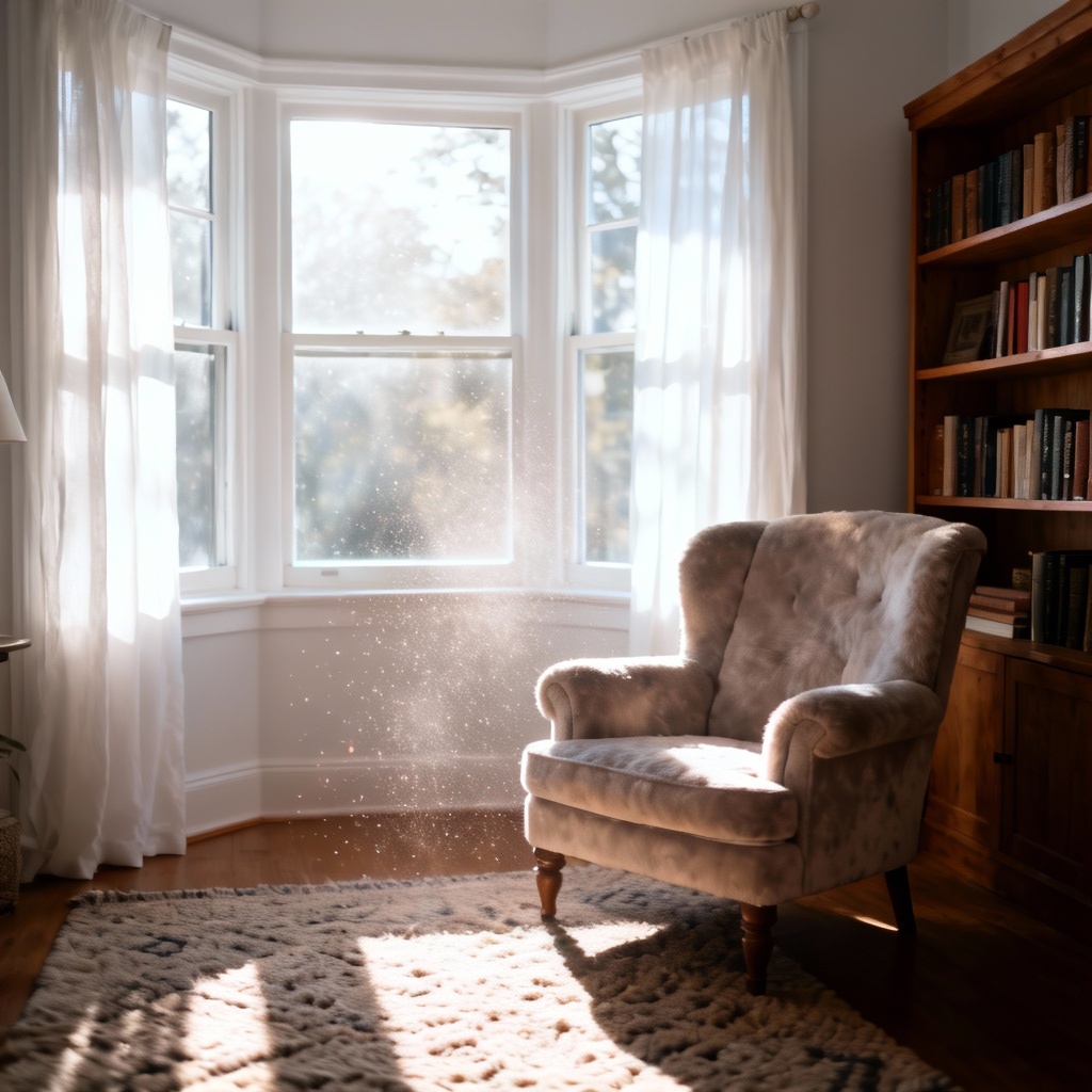 AI sun-drenched reading nook with morning sunbeams and cozy mood
