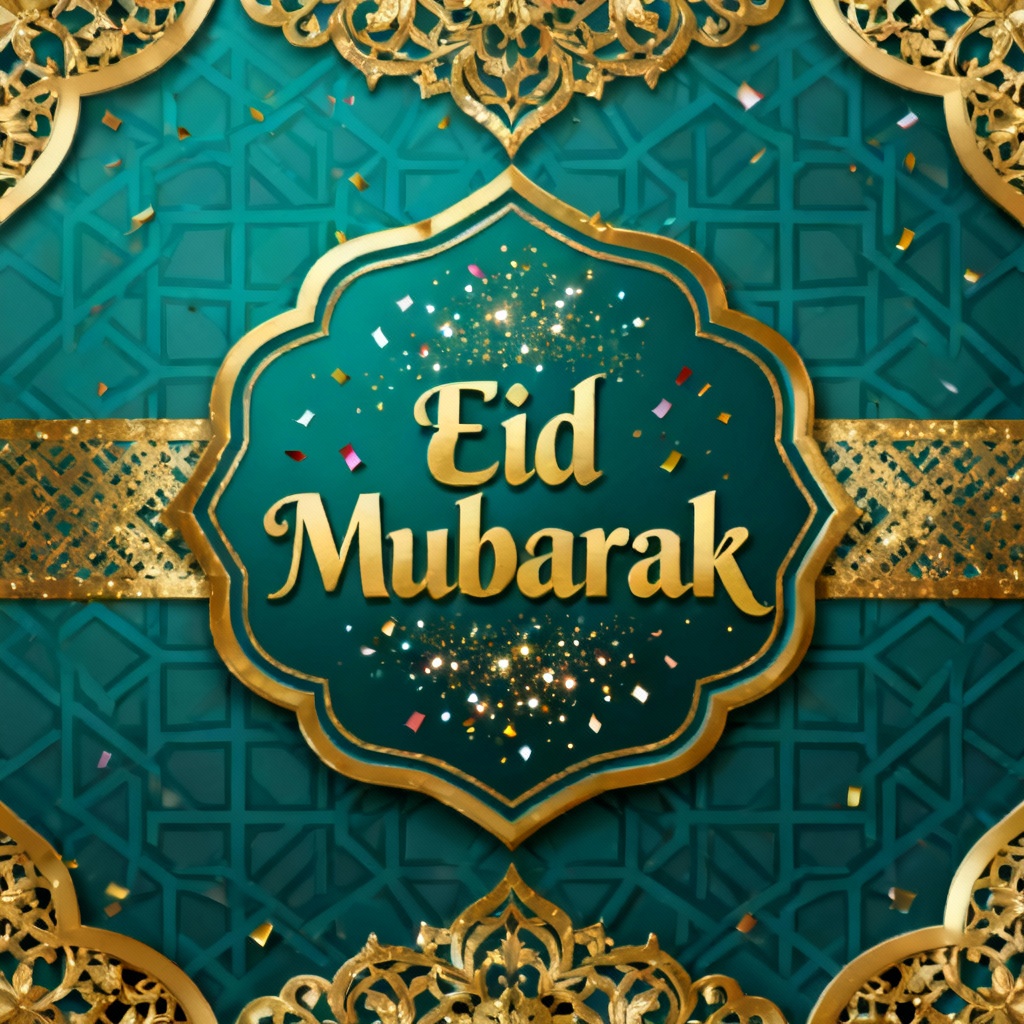Eid Mubarak card with teal and gold geometric pattern