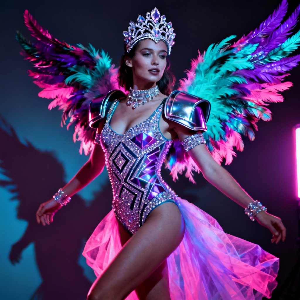 AI festival costume with feathered wings and rhinestones