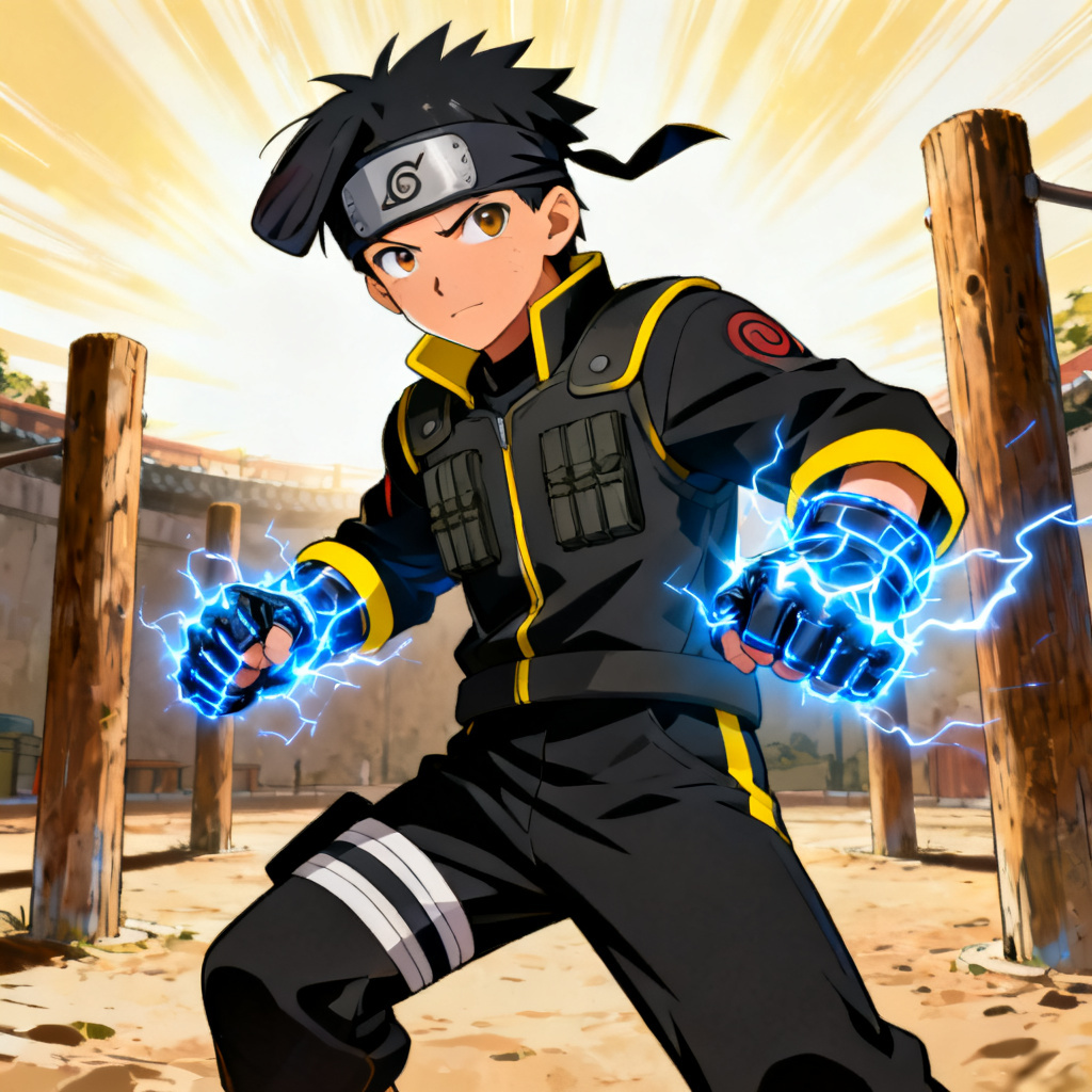AI Naruto OC teen prodigy unleashing lightning release in training yard