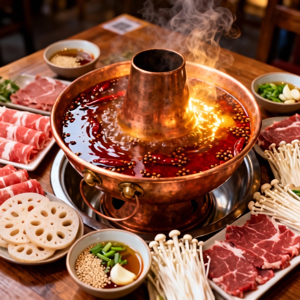AI Chinese hotpot in a copper pot with steam and chili oil