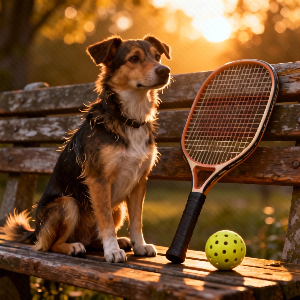 Realistic dog portrait holding a pickleball paddle