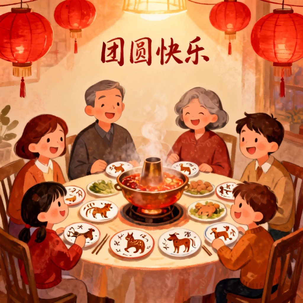 Family reunion CNY card with zodiac animals around a round table