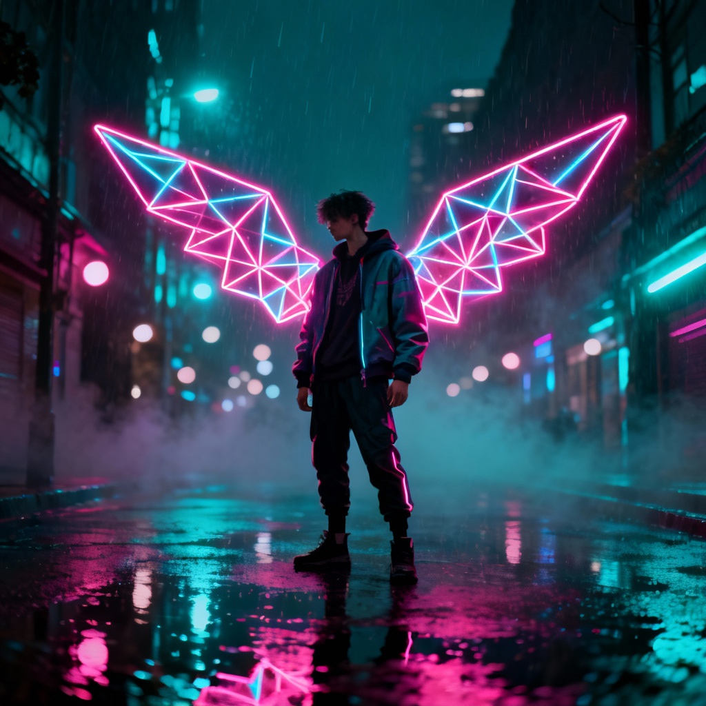 AI cyberpunk character with neon polygonal wings at night