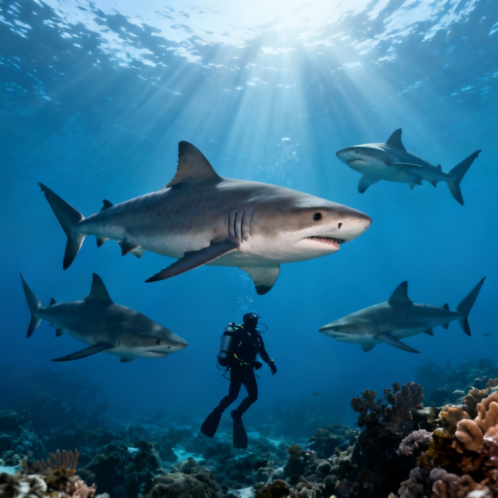 AI diver with reef sharks in blue water