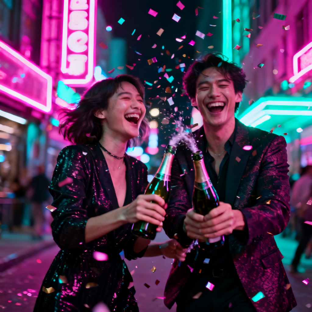 AI neon city night couple anniversary image