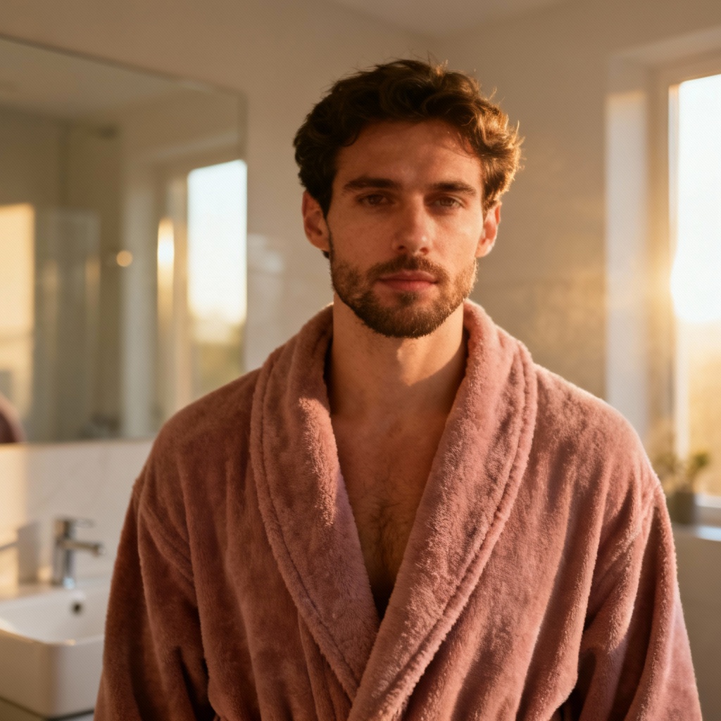 AI mens dusty pink terry robe