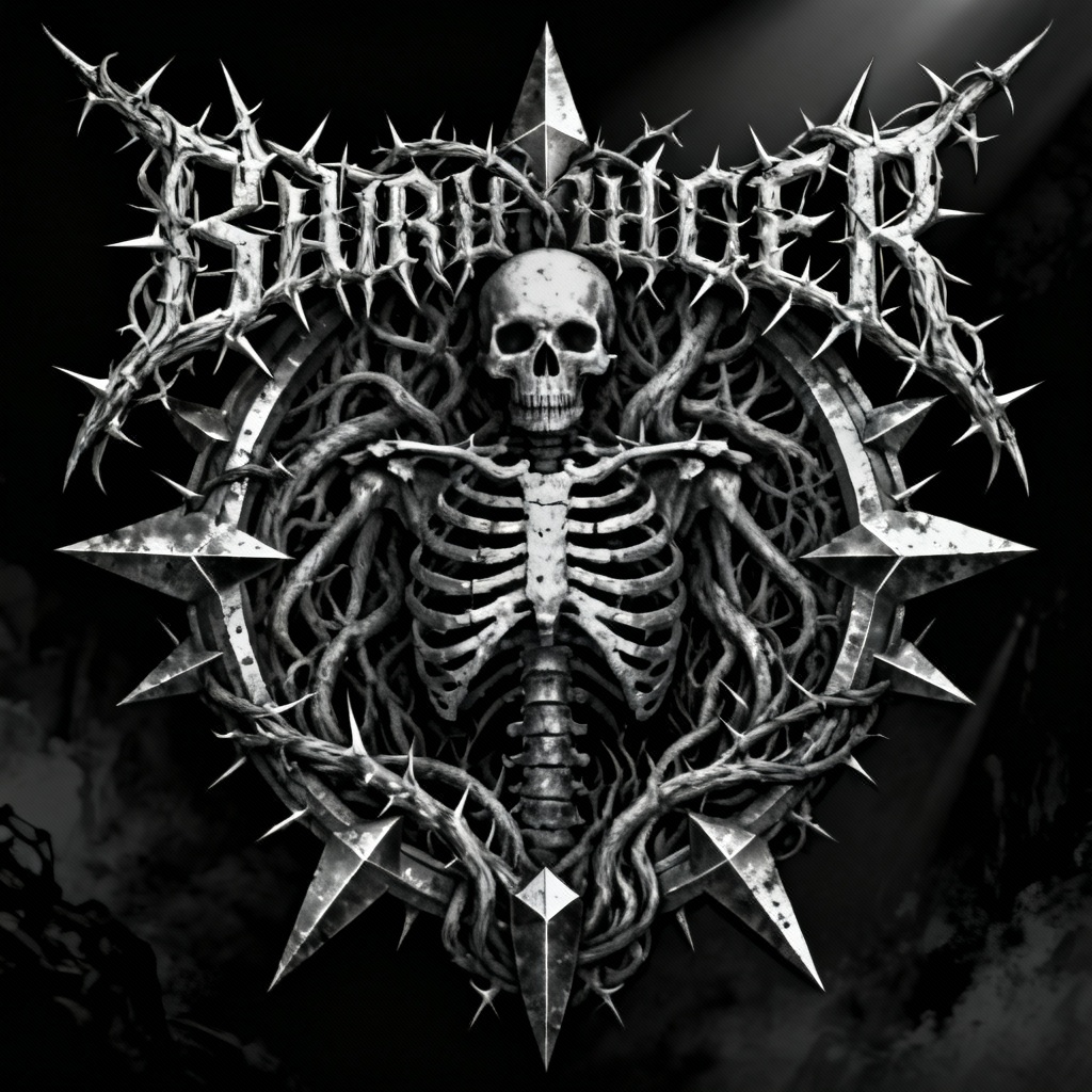 AI death metal logo with thorned roots and skull motif