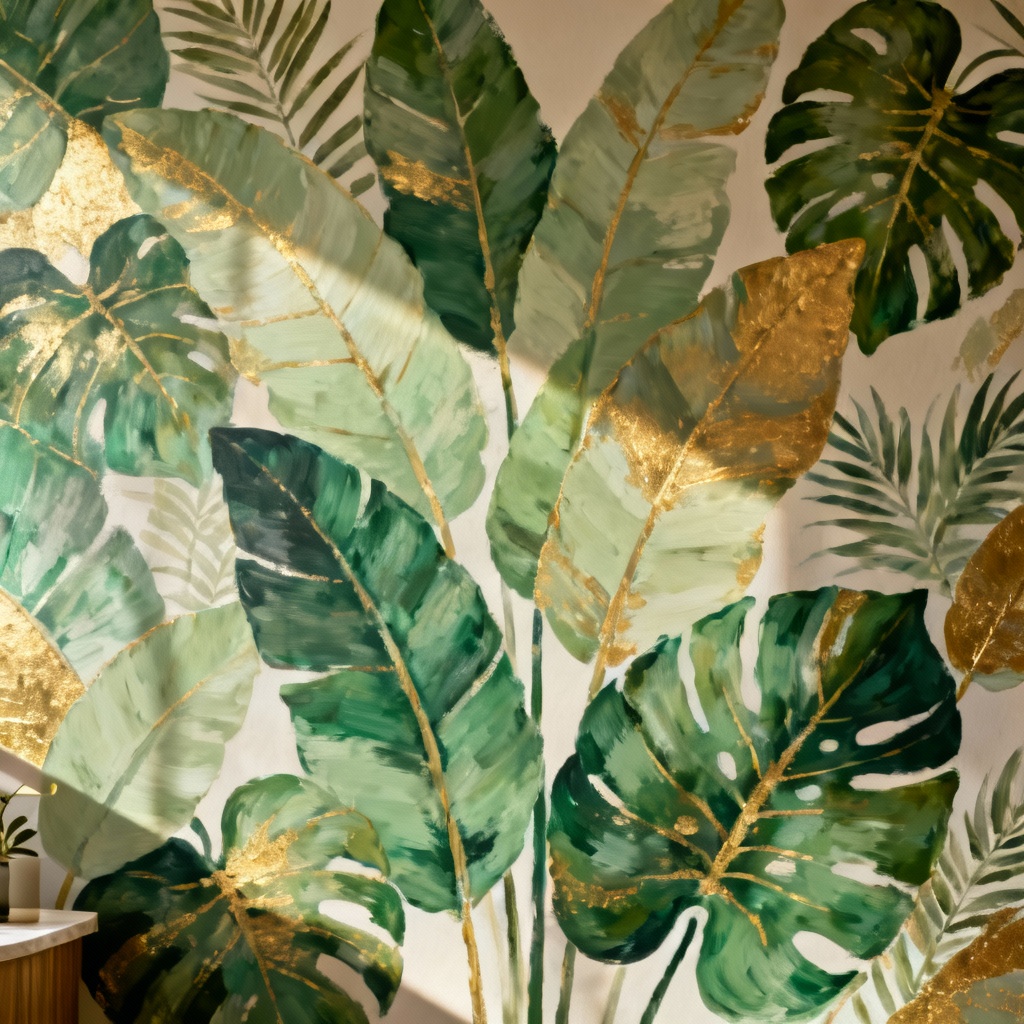 AI botanical mural with tropical leaves