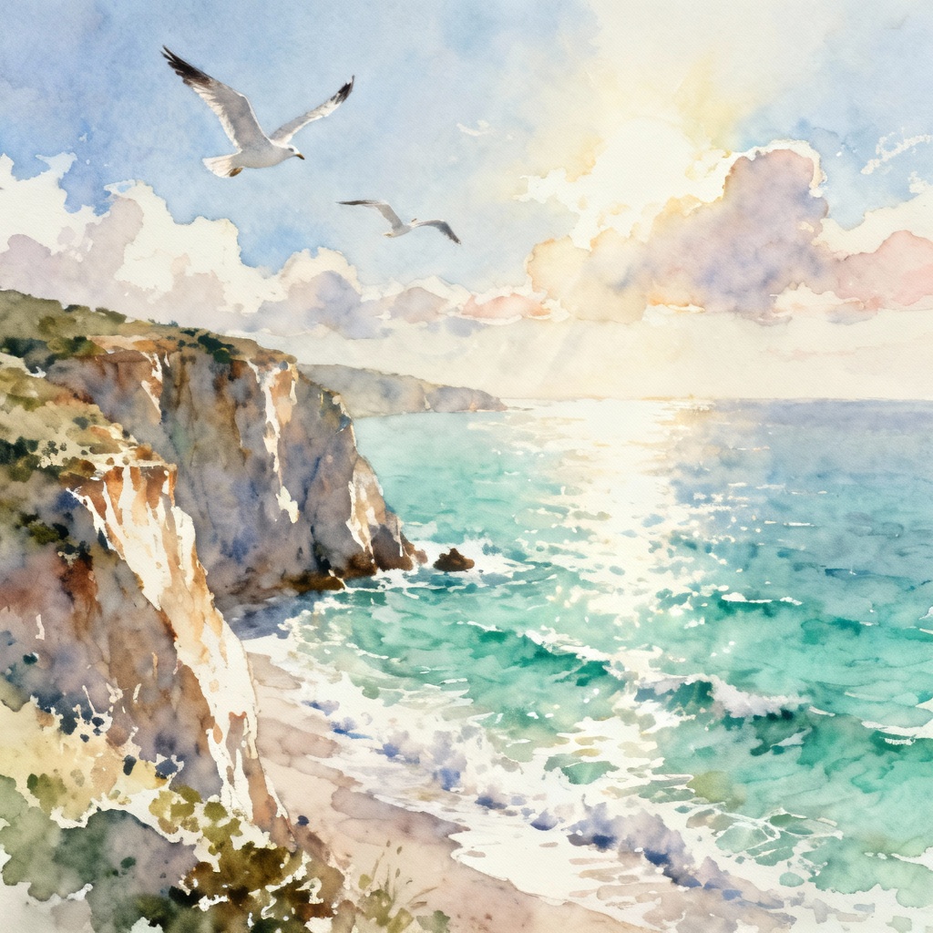 AI watercolor coastal cliff summer landscape