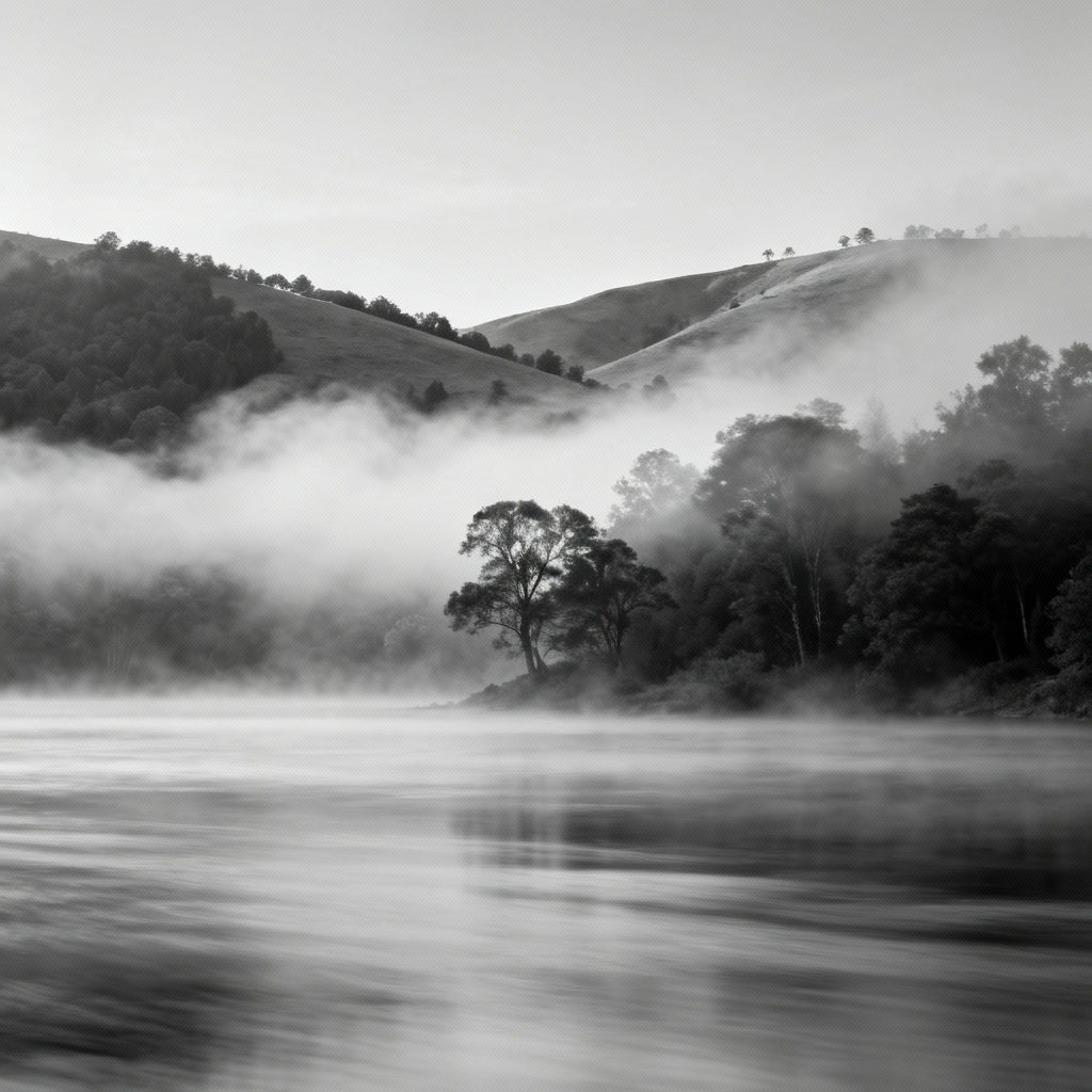 AI black and white landscape with fog and silvertone look