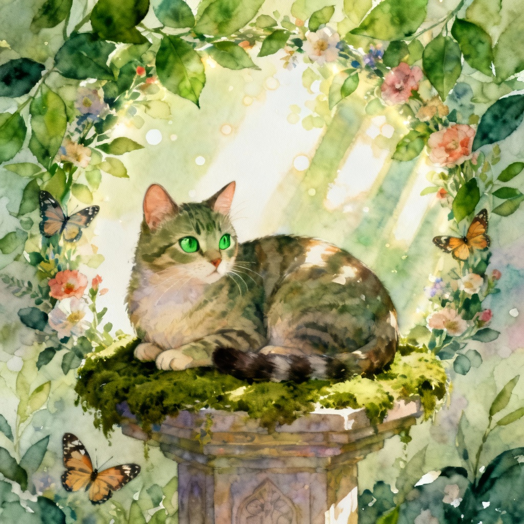 AI cat deity with forest aura and floral sigils