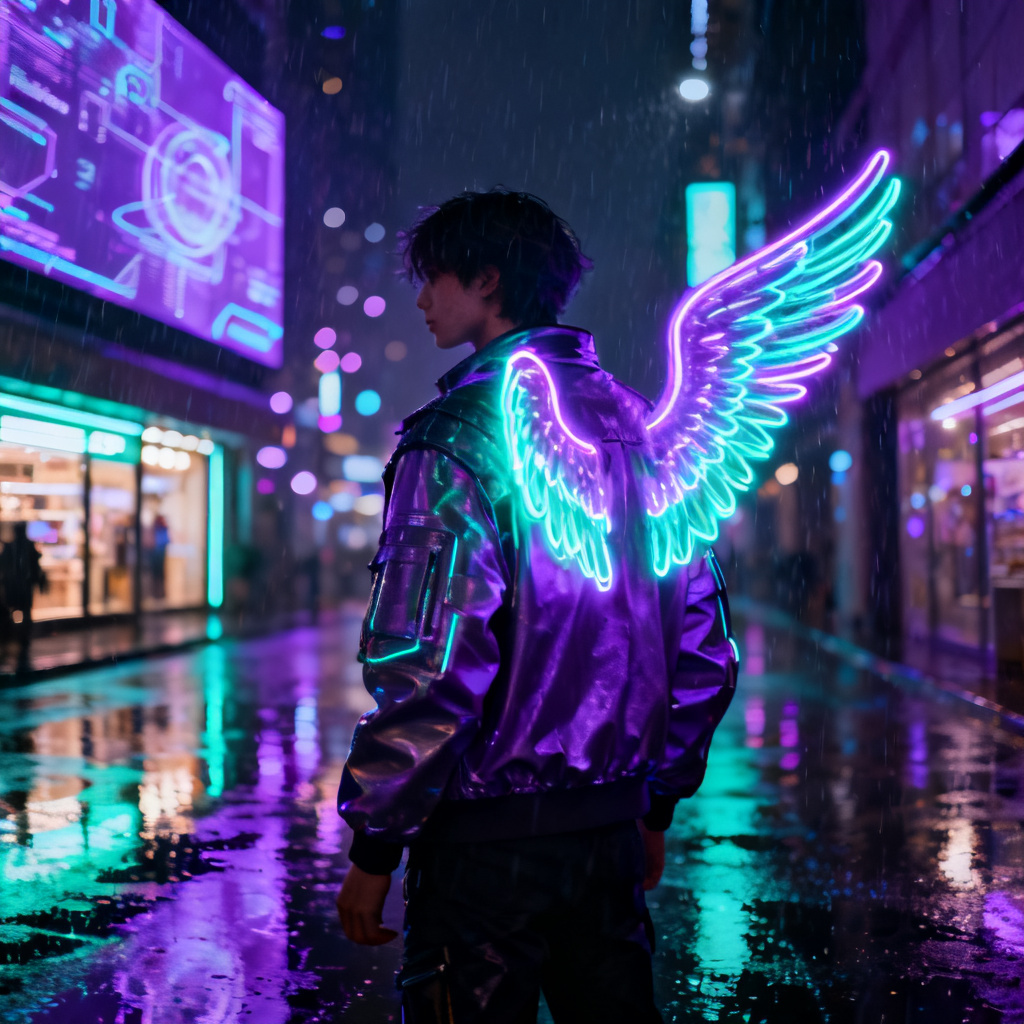 Cyberpunk neon angel wings in city scene