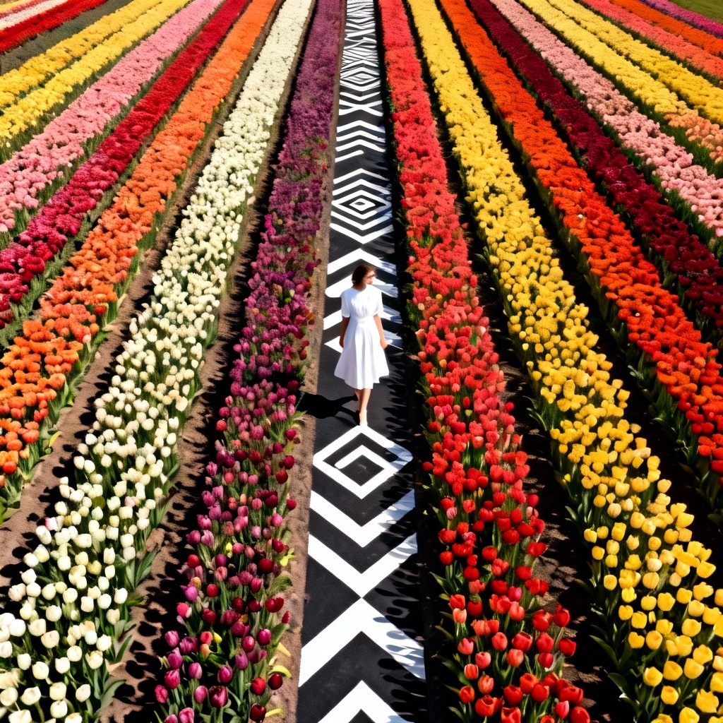 Aerial top-down tulip rows with model