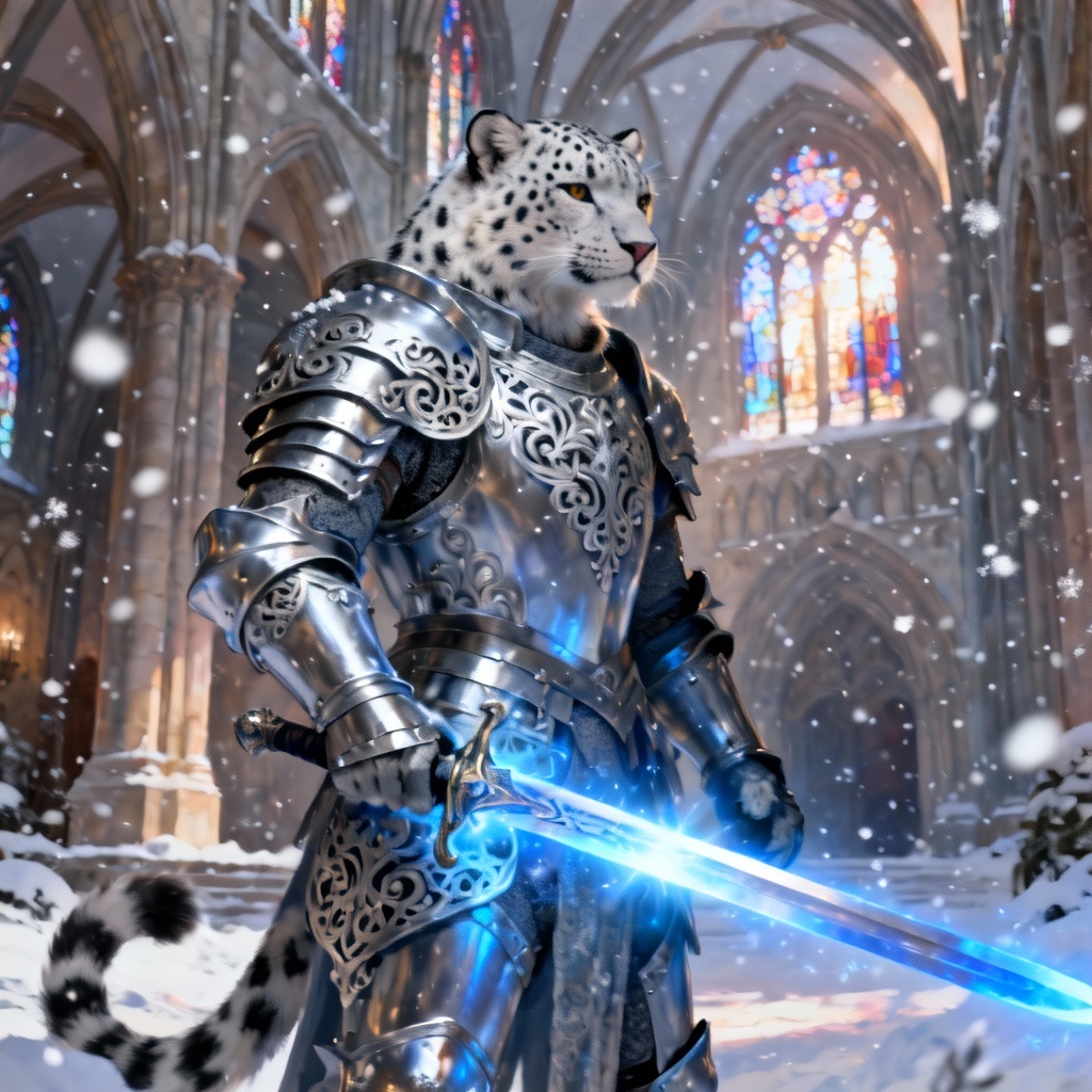 AI furry art of a snow leopard knight in silver armor