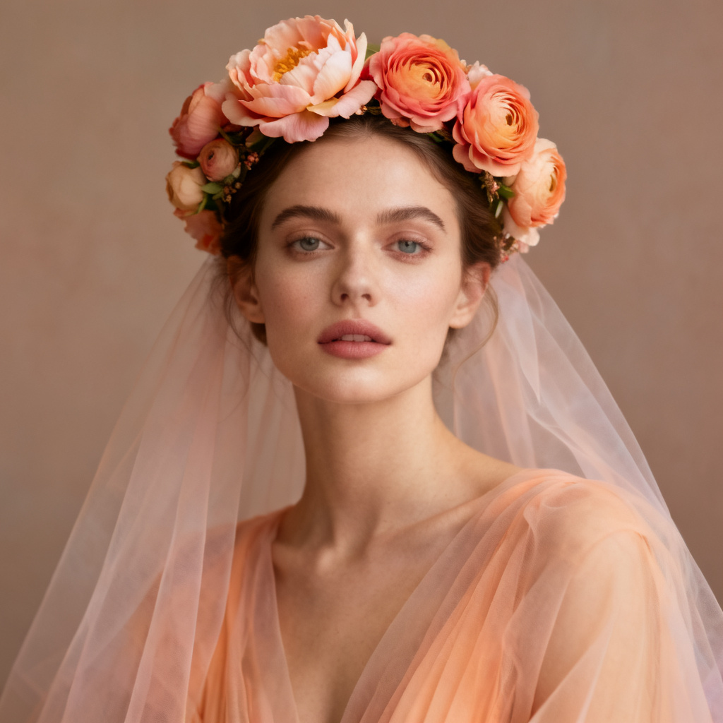 Romantic portrait with peony flower tiara