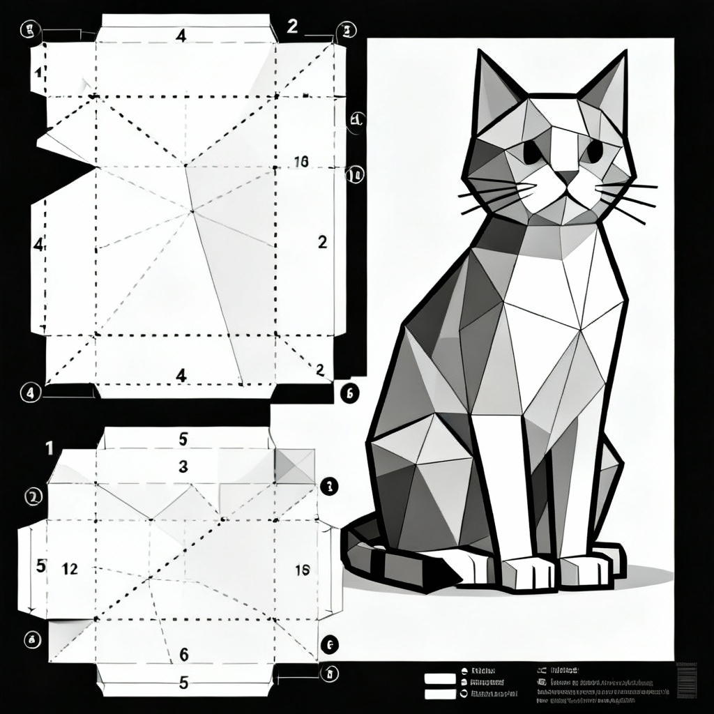 Papercraft net template for a low-poly cat model with glue tabs