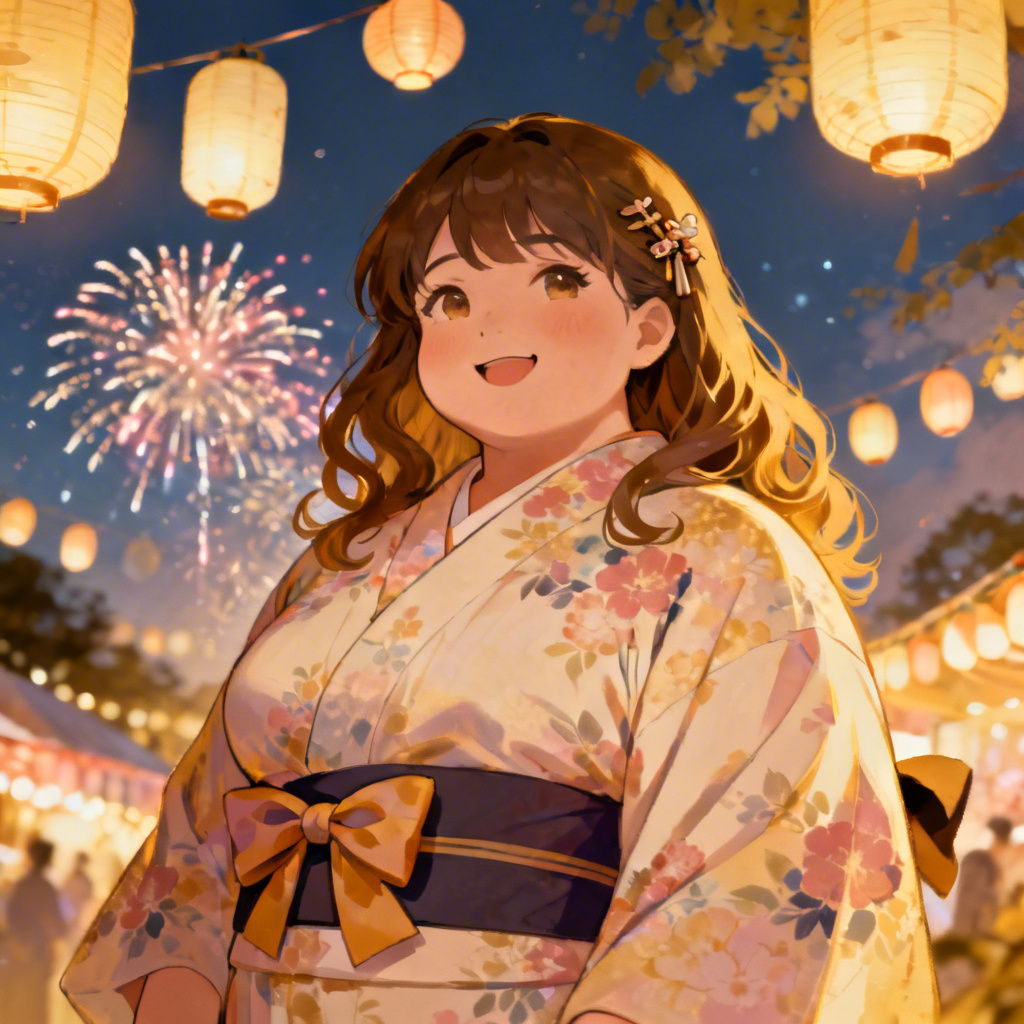 Adult chubby anime girl in a floral kimono at a summer festival