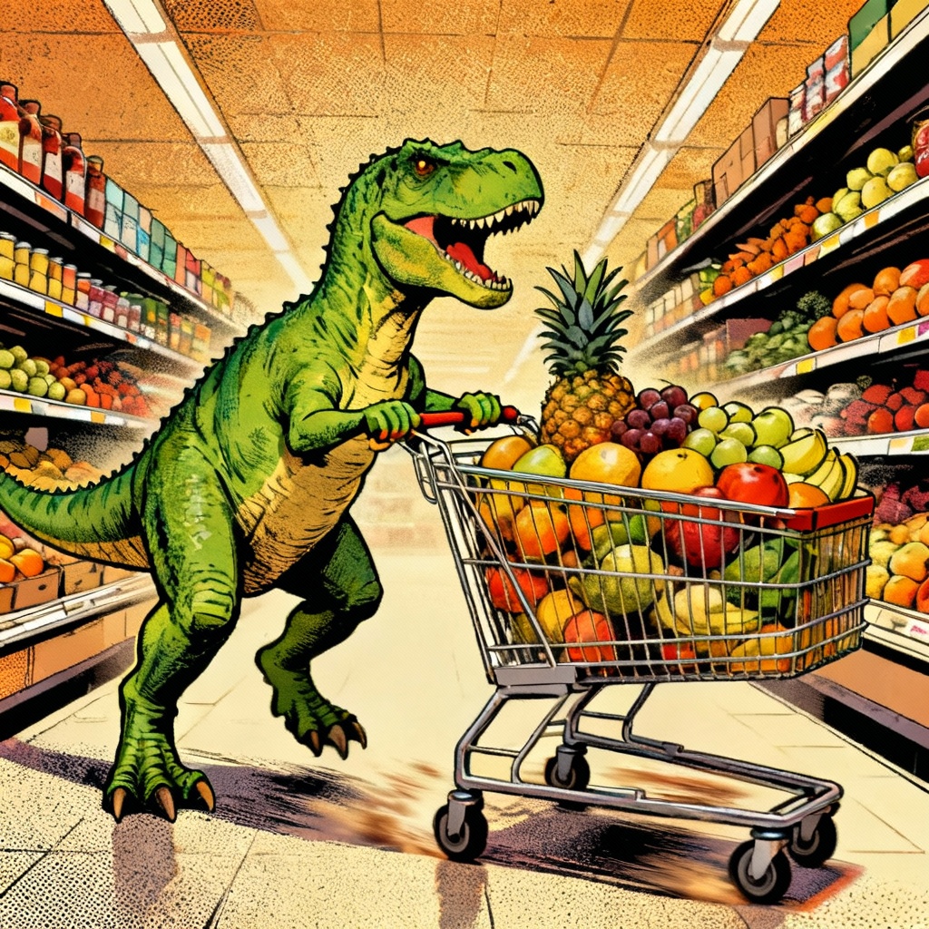 AI funny dinosaur grocery shopping image